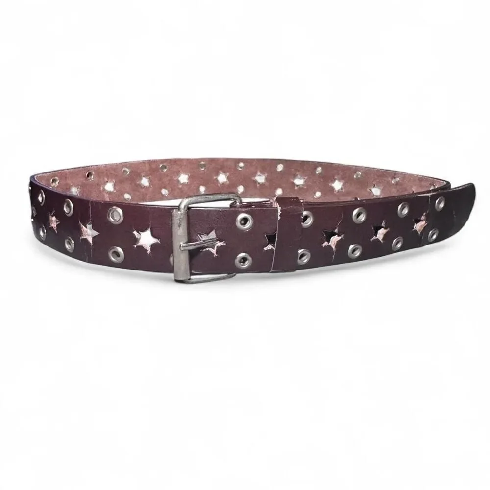 Brown Genuine Leather Belt Star Cutout Silver Hardware Size Small 37”